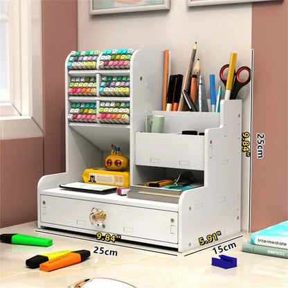 Wooden Desk Organiser DIY Desktop Tidy Pen Holder Large Capacity Stationery Storage Box with Drawer for Home Office and School