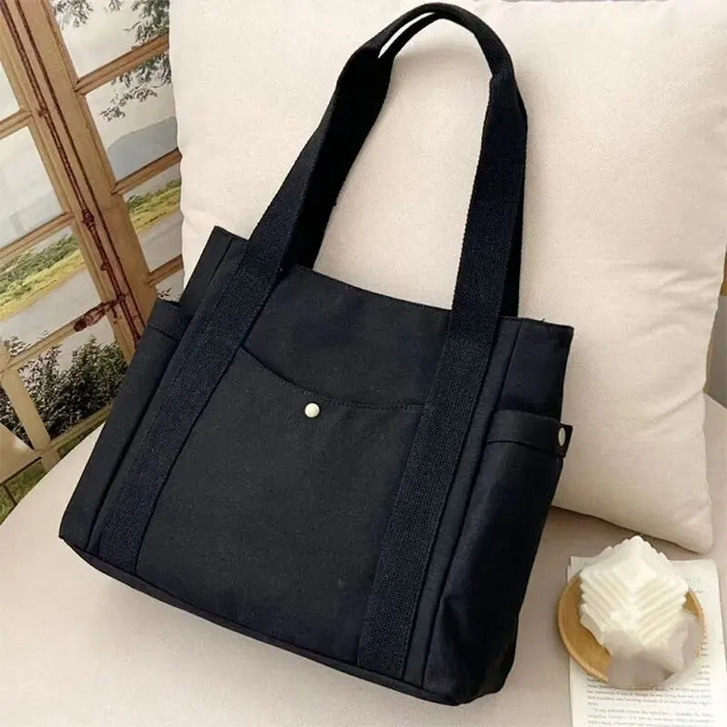 Canvas Women's Shoulder Bag Large Capacity Multiple Outer Pocket Zipper Tote Bag Student Handbag Shopping
