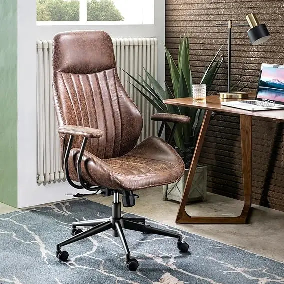 Ergonomic Mid-Century Modern Leather Office Chair with Lumbar Support High Back Swivel Rolling Executive Chair for Home Use