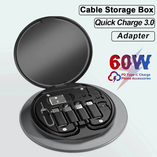 PD 60W Multifunctional USB Type C Data Cable Set Fast Charging For IPhone Xiaomi Charger Storage Box Adapter Card Pin Travel Box
