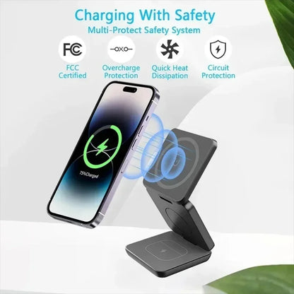 “3-in-1 Foldable Magnetic Wireless Charger Stand – Fast Charging Dock for iPhone 16/15/14/13 Pro Max, Apple Watch 10/9, & AirPods | Wireless Charging Station Holder”