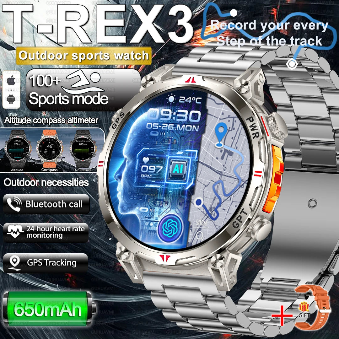 2025 New Military AMOLED HD SmartWatch 650Mah Battery GPS Compass 5ATM Waterproof Tactics 100+ Sport BT call Smart Watch For Men