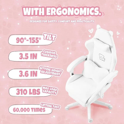Cute Gaming Chair with Lumbar Cushion and Decorated Ears, Ergonomic Computer Chair with Footrest, Reclining PC Game Chair