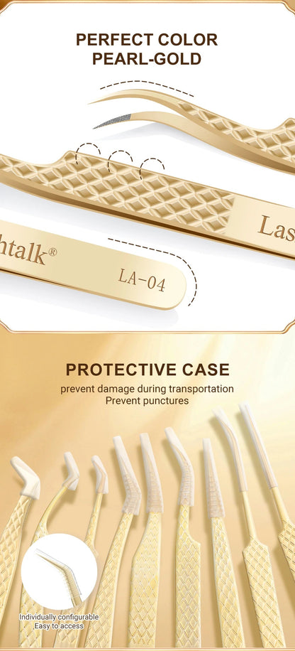 Lashtalk Precision Fiber Tip Tweezer Eyelash Extensions Diamond Grip Anti-Slip Premium Gold Stainless Steel Makeup With Box Pack RELUX.STORE