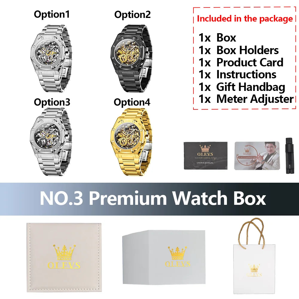 OLEVS Men's Watch Top Brand Luxury Hollowing Automatic Mechanical Watch Waterproof Luminous Watch for Men Gift Clock