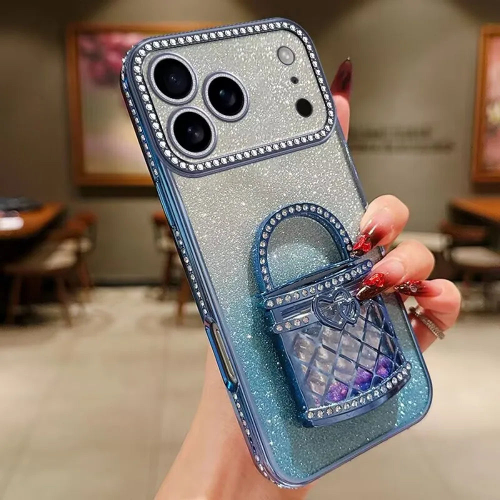 For iPhone17/15/14/13/12promax Rhinestone Phone Case Makeup Mirror Holder Quicksand Glitter Case RELUX.STORE