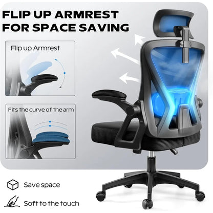Ergonomic Office Chair, Home Office Desk Chair with Headrest, High Back Mesh Chair with Flip-up Armrests, Comfy Desk Chair with