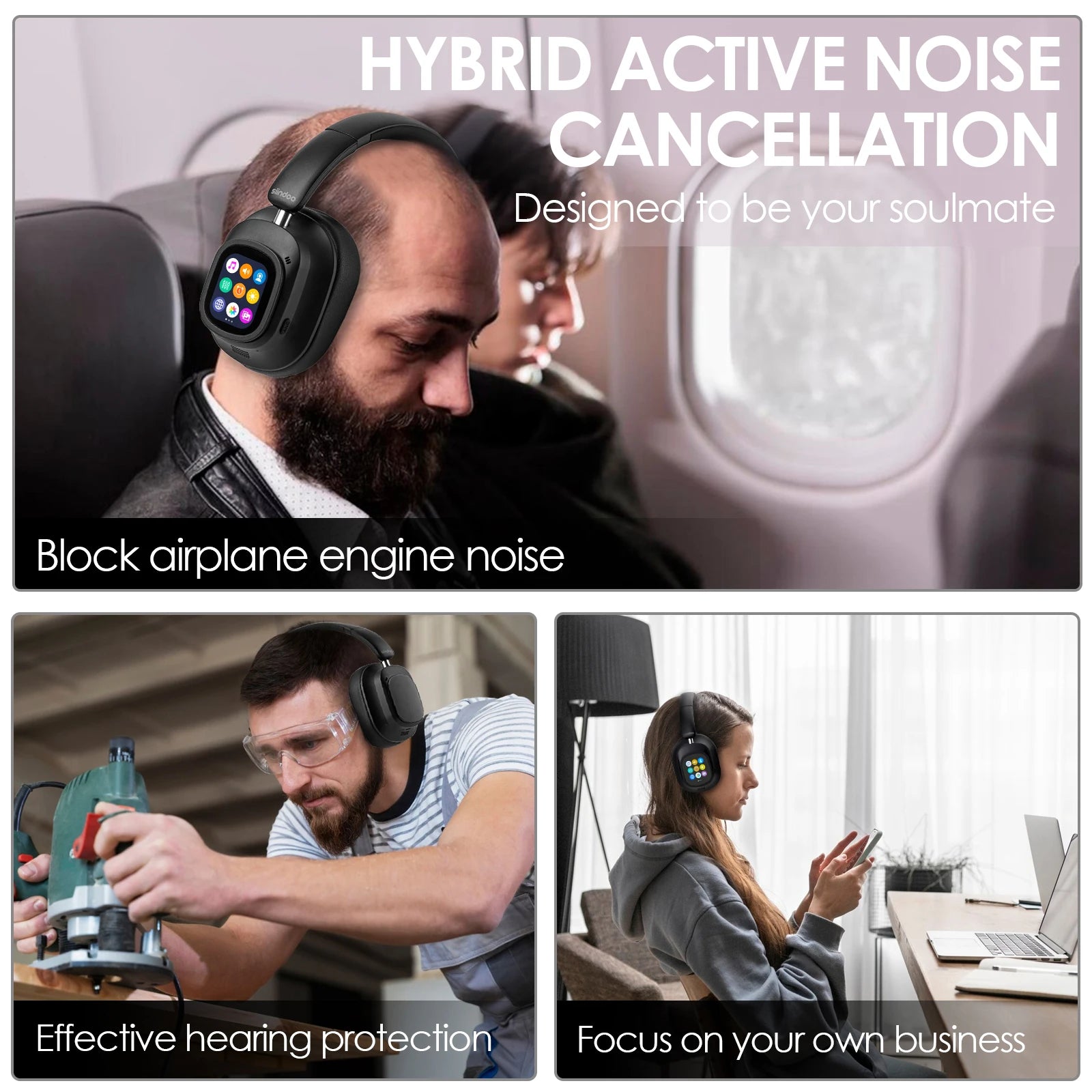 Siindoo JH-ANC930Plus Active Noise Cancelling Headphones, Hybrid Wireless Headphone With Multi Magnetic Touch Control LED Screen RELUX.STORE
