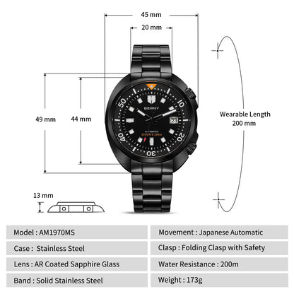 BERNY 20ATM Diver Watch For Men Mechanical Black Dial Original Design Top Automatic Sapphire Luxury Diving Luminous Men Watch