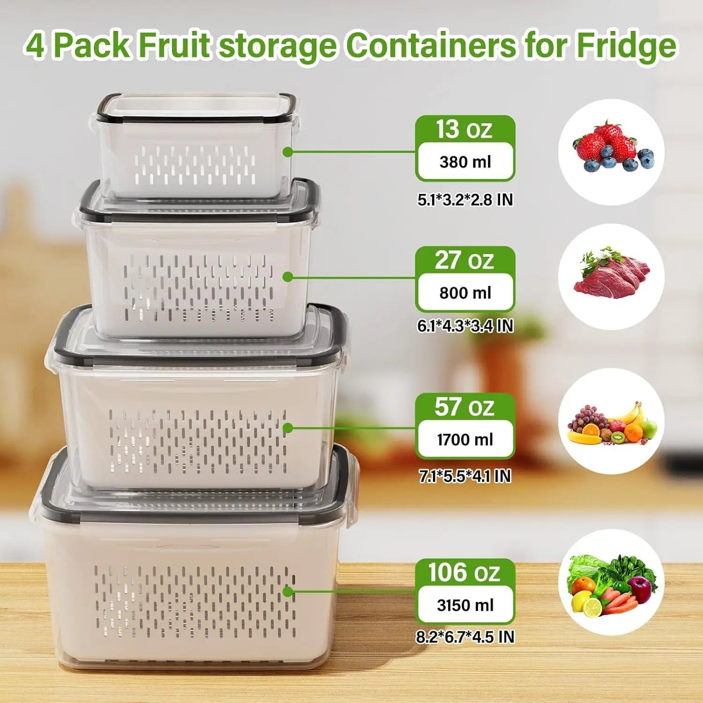 Fruit Storage Containers for Fridge Produce Containers with Removable Fruit Washing Bowl with Strainer for Salad Berry Lettuce RELUX.STORE