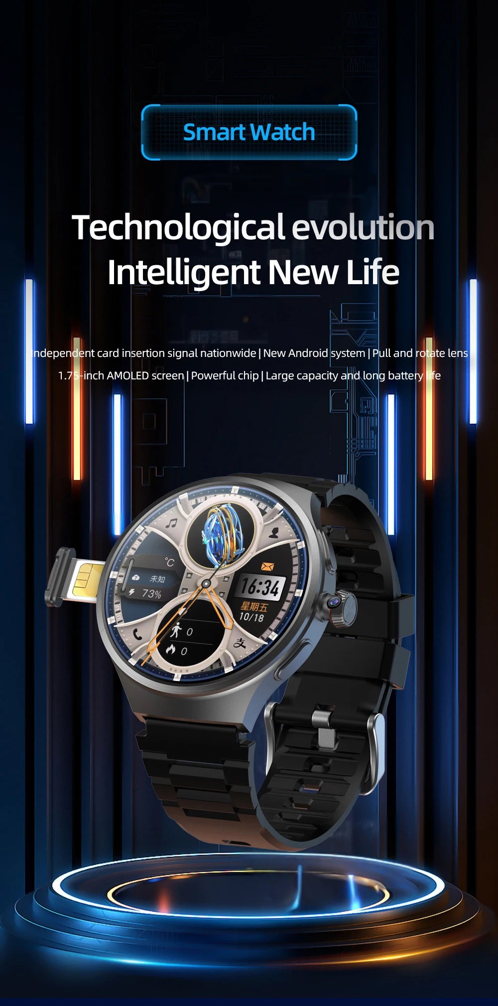 GoldenSpike 4GB+128GB Smart Watch 1.75inch Amoled Smartwatch With 180° Rotary Camera GPS Position WIFI Sim Card Slot Video Call