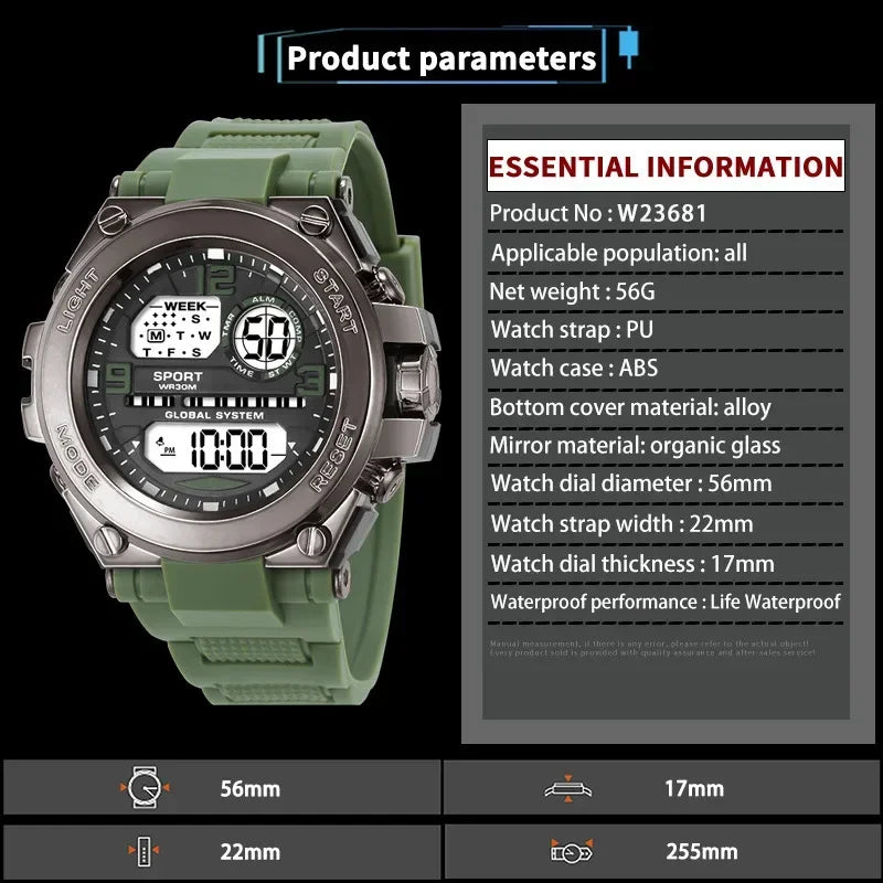 Black Sports Watch for Kids Students Men's Multifunction LED Digital Watch Waterproof Luminous Alarm Clock Electronic Watches