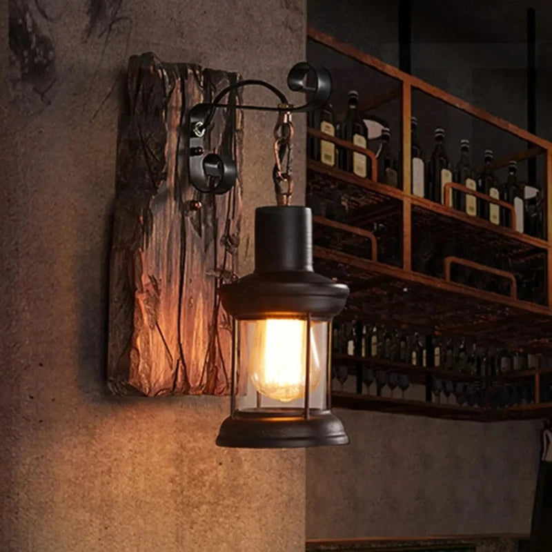 Antique New Style Industrial Wood Wall Sconce Light Rustic Wall Lamp Decorate Wall Light Iron Metal Art For Bar Loft Corridor