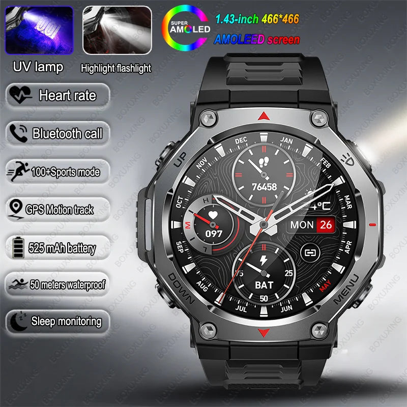 T-Rex 3 GPS Smart Watch 5ATM Waterproof 1.43 inch AMOLED HD Screen BT Call Flashlight Military Sport Smartwatches Men 2025 New