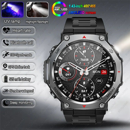 T-Rex 3 GPS Smart Watch 5ATM Waterproof 1.43 inch AMOLED HD Screen BT Call Flashlight Military Sport Smartwatches Men 2025 New