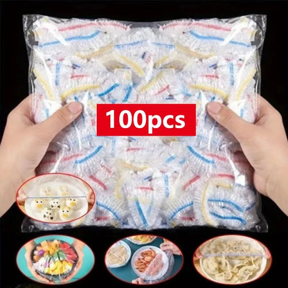 100 Pcs Elastic Food Covers, Disposable Plastic Bowl Lids for Fruit & Vegetable Storage, Freshness Seal Wraps
