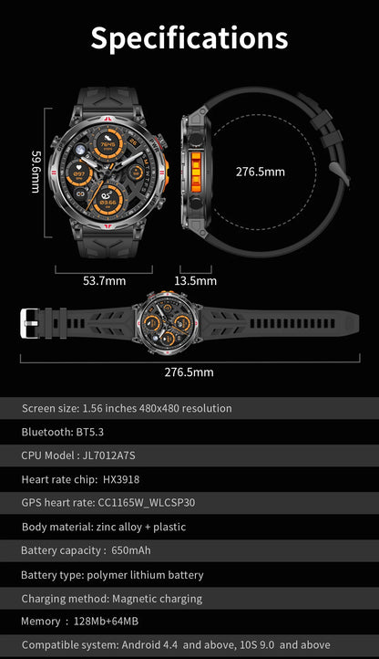 2025 New Military AMOLED HD SmartWatch 650Mah Battery GPS Compass 5ATM Waterproof Tactics 100+ Sport BT call Smart Watch For Men