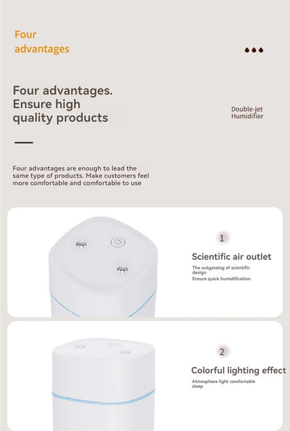 Dual-Nozzle USB Humidifier | 800ml/H Super Mist & Ultra Quiet | Car/Home Moisturizing Device
