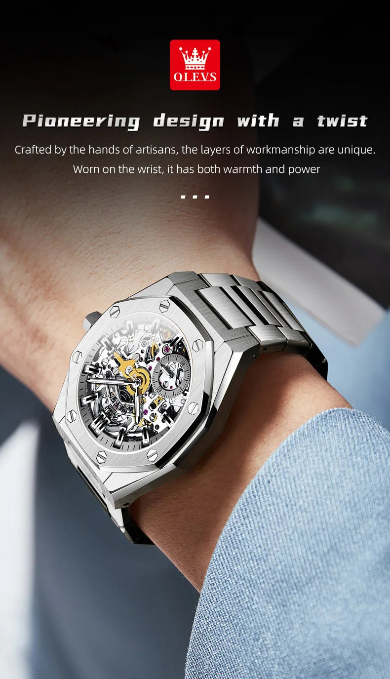 OLEVS Men's Watch Top Brand Luxury Hollowing Automatic Mechanical Watch Waterproof Luminous Watch for Men Gift Clock