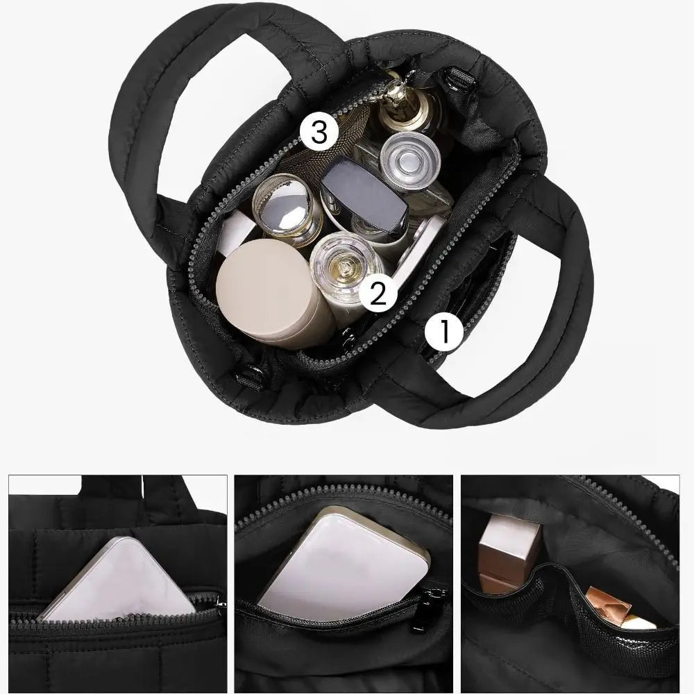 Adjustable Quilted Tote Bag Nylon Detachable Strap Puffer Bag Large Capacity with Zipper Crossbody Bag Travel