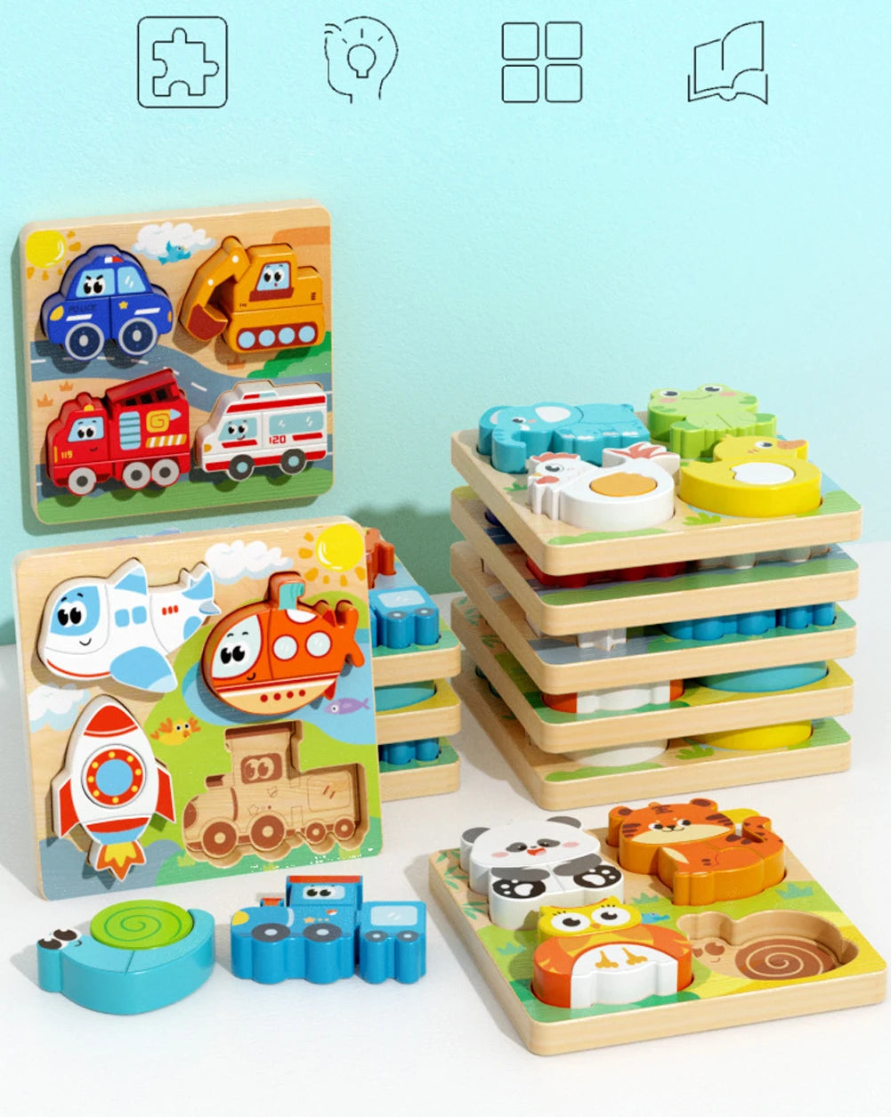 4-in-1 Wooden Toys 3D Wood Puzzle Cartoon Animals Cognitive Jigsaw Puzzle Early Learning Educational Toys For Children Gift RELUX.STORE