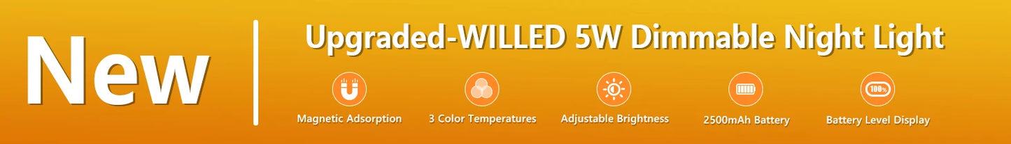 WILLED 5W Dimmable Night Light 3 Colors Adjustable Makeup Light with 2500mAh Rechargeable Under Cabinet for Closet Bedside Desk