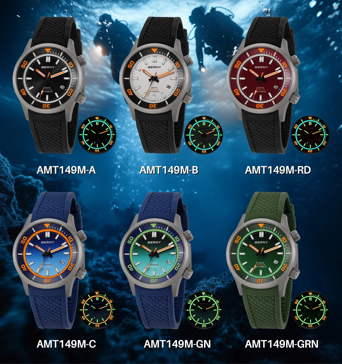 BERNY Automatic Full Titanium Diver Watch for Men Supper Luminous Sappire AR coated Miyota 8215 Compressor Mechanical Dive Watch