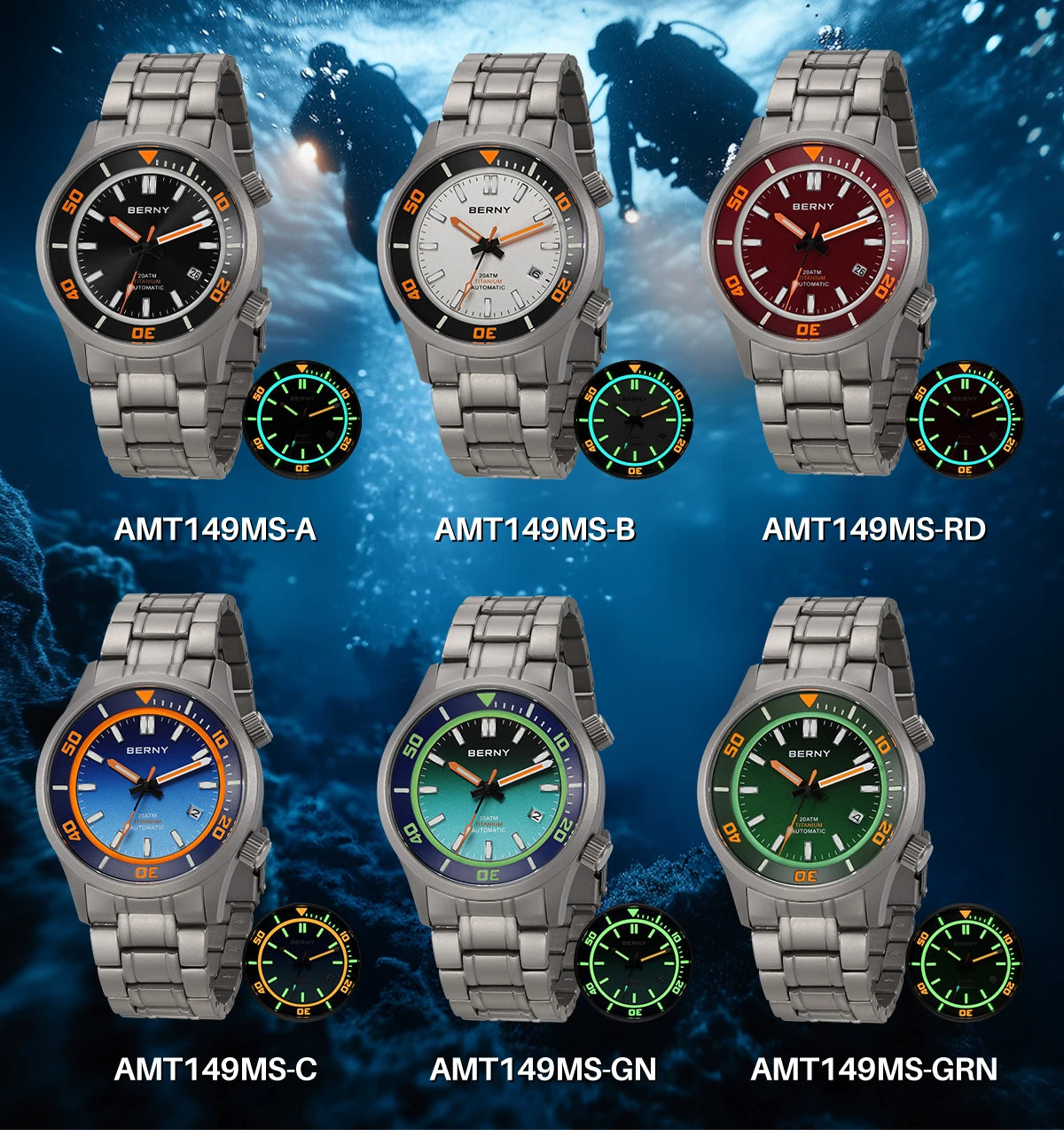 BERNY Automatic Titanium Diver Watch for Men Supper Luminous Sappire AR coated Miyota 8215 20ATM Mechanical Diving Men's Watches