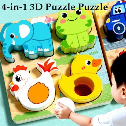 4-in-1 Wooden Toys 3D Wood Puzzle Cartoon Animals Cognitive Jigsaw Puzzle Early Learning Educational Toys For Children Gift RELUX.STORE