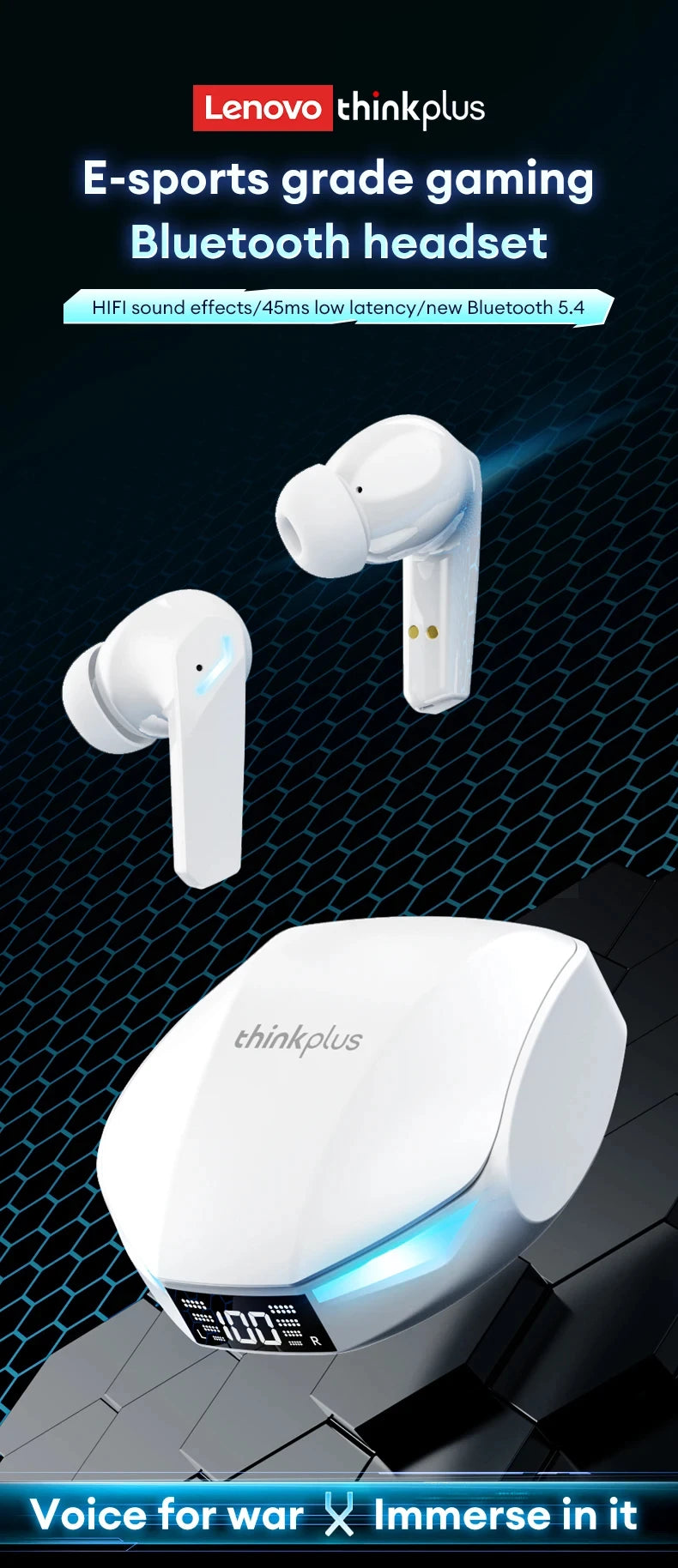 Lenovo XT53 Wireless Upgrade Bluetooth 5.4 Earphones Ultra Long Endurance Low Latency Gaming Headset LED Digital Display Earbuds RELUX.STORE