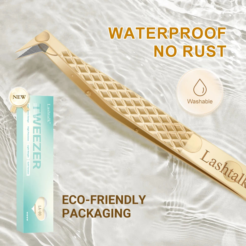Lashtalk Precision Fiber Tip Tweezer Eyelash Extensions Diamond Grip Anti-Slip Premium Gold Stainless Steel Makeup With Box Pack RELUX.STORE