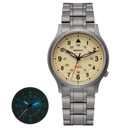 BERNY Titanium Watches for Men Classic Mens Field Pilot Watch Easy Read Outdoor Quartz Wristwatch Super Luminous Sapphire 5ATM
