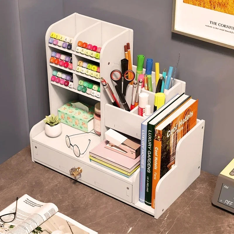 Wooden Desk Organiser DIY Desktop Tidy Pen Holder Large Capacity Stationery Storage Box with Drawer for Home Office and School
