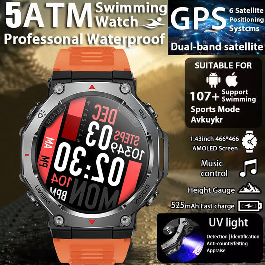 T-Rex 3 GPS Smart Watch 5ATM Waterproof 1.43 inch AMOLED HD Screen BT Call Flashlight Military Sport Smartwatches Men 2025 New