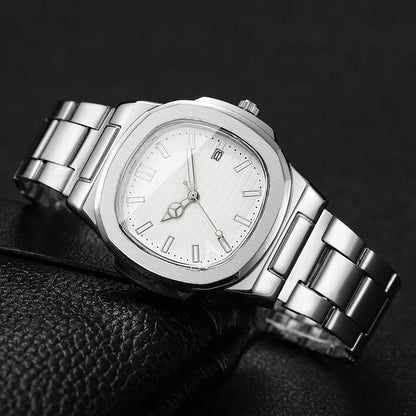 Men Fashion Wristwatches Business Square Dial Stainless Steel Strap Quartz Watch with Calendar For Mens Clock（Without Box）