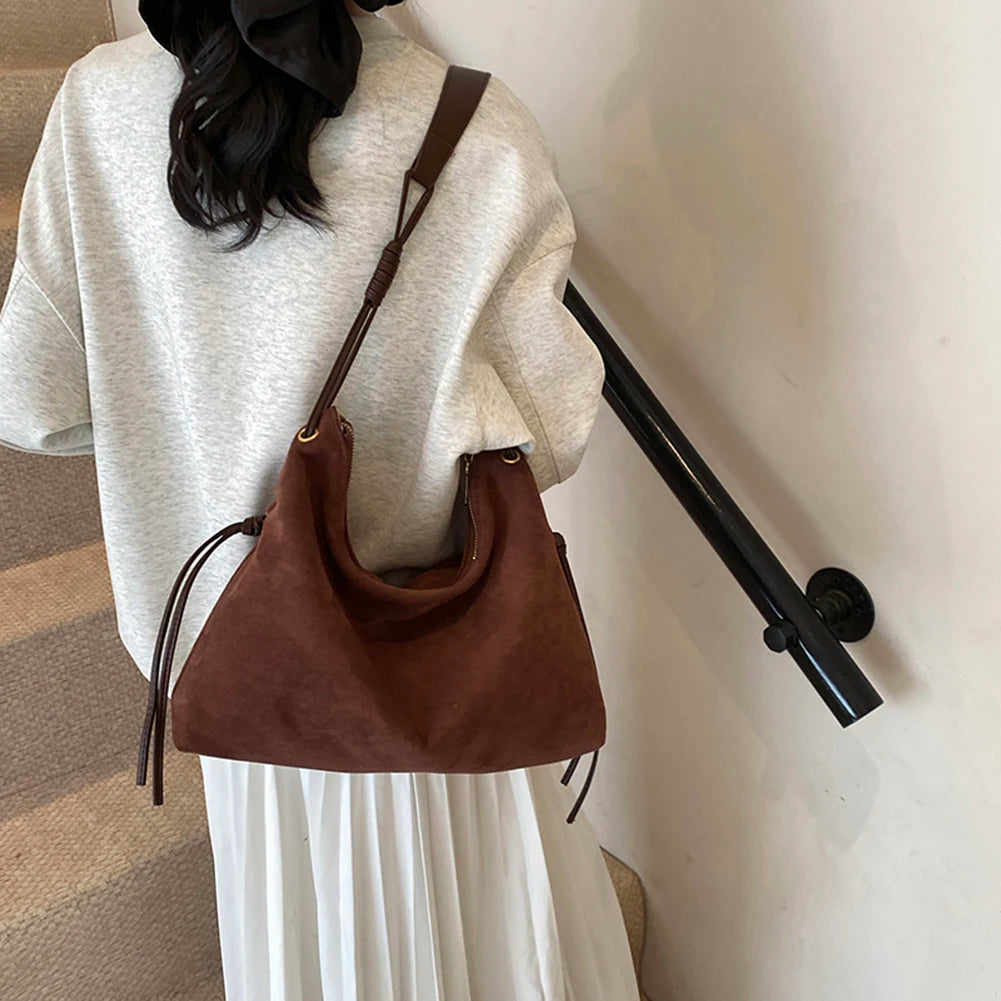 Women Suede Shoulder Bag Adjustable Strap Messenger Bag with Zipper Trendy Retro Handbag for Work Travel RELUX.STORE