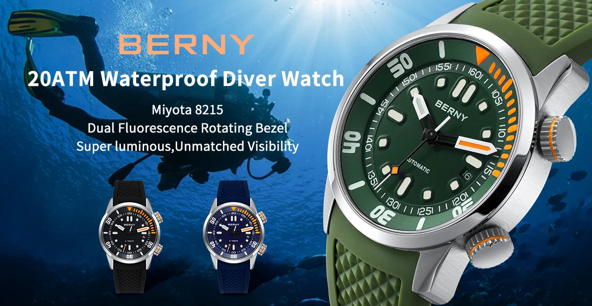 BERNY 20Bar Diver Men Mechanical Watch Miyota 8215 Super Luminous Sapphire Swiming Automatic Self Wind Silicone Men Wristwatch