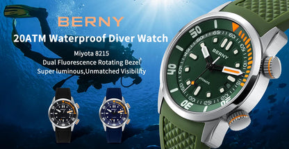 BERNY 20Bar Diver Men Mechanical Watch Miyota 8215 Super Luminous Sapphire Swiming Automatic Self Wind Silicone Men Wristwatch
