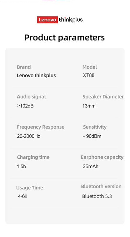 Original Lenovo XT88 TWS Wireless Earphones Bluetooth 5.3 Dual MIC Stereo Noise Reduction Bass HIFI Touch Control Earbuds RELUX.STORE