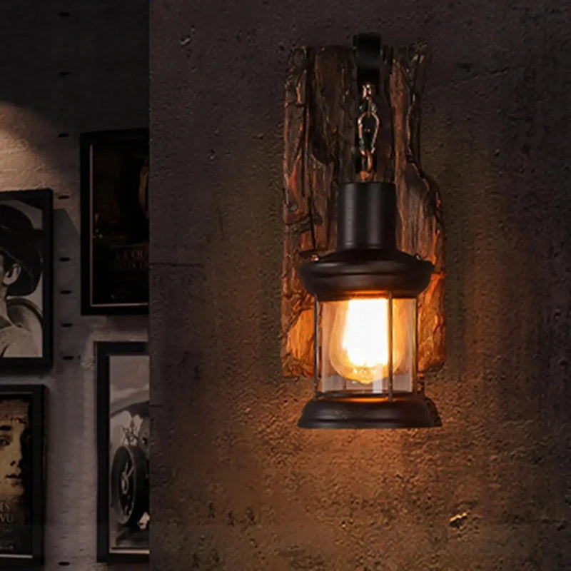 Antique New Style Industrial Wood Wall Sconce Light Rustic Wall Lamp Decorate Wall Light Iron Metal Art For Bar Loft Corridor