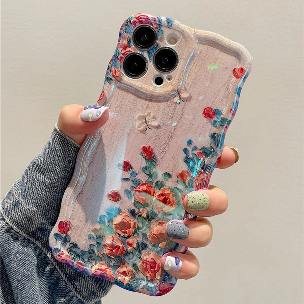 Retro Oil Painting Phone Case For iPhone 13 14 15 16 ProMax 12 11 Luxury Flower Print Shockproof Silicone Cover Artistic Decor RELUX.STORE