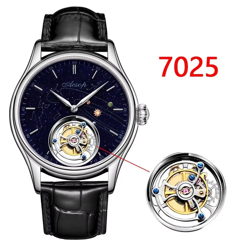 AESOP Mens Luxury Real Flying Tourbillon Mechanical Sapphire Waterproof Watch Skeleton Watches for Men Wristwatches Male 2025 A
