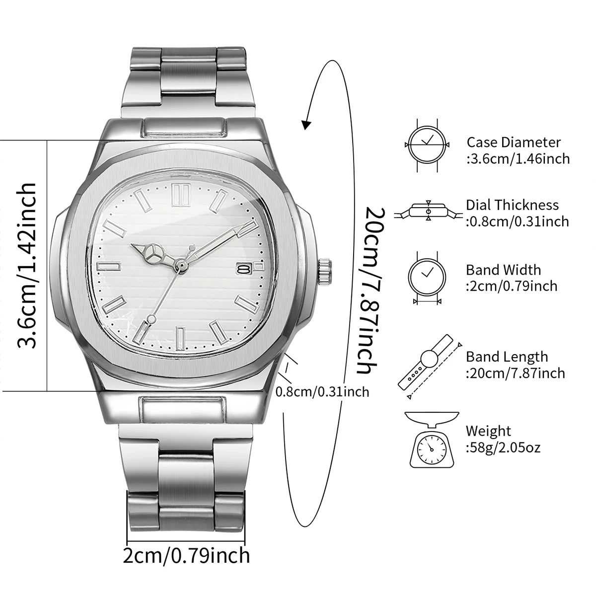 Men Fashion Wristwatches Business Square Dial Stainless Steel Strap Quartz Watch with Calendar For Mens Clock（Without Box）