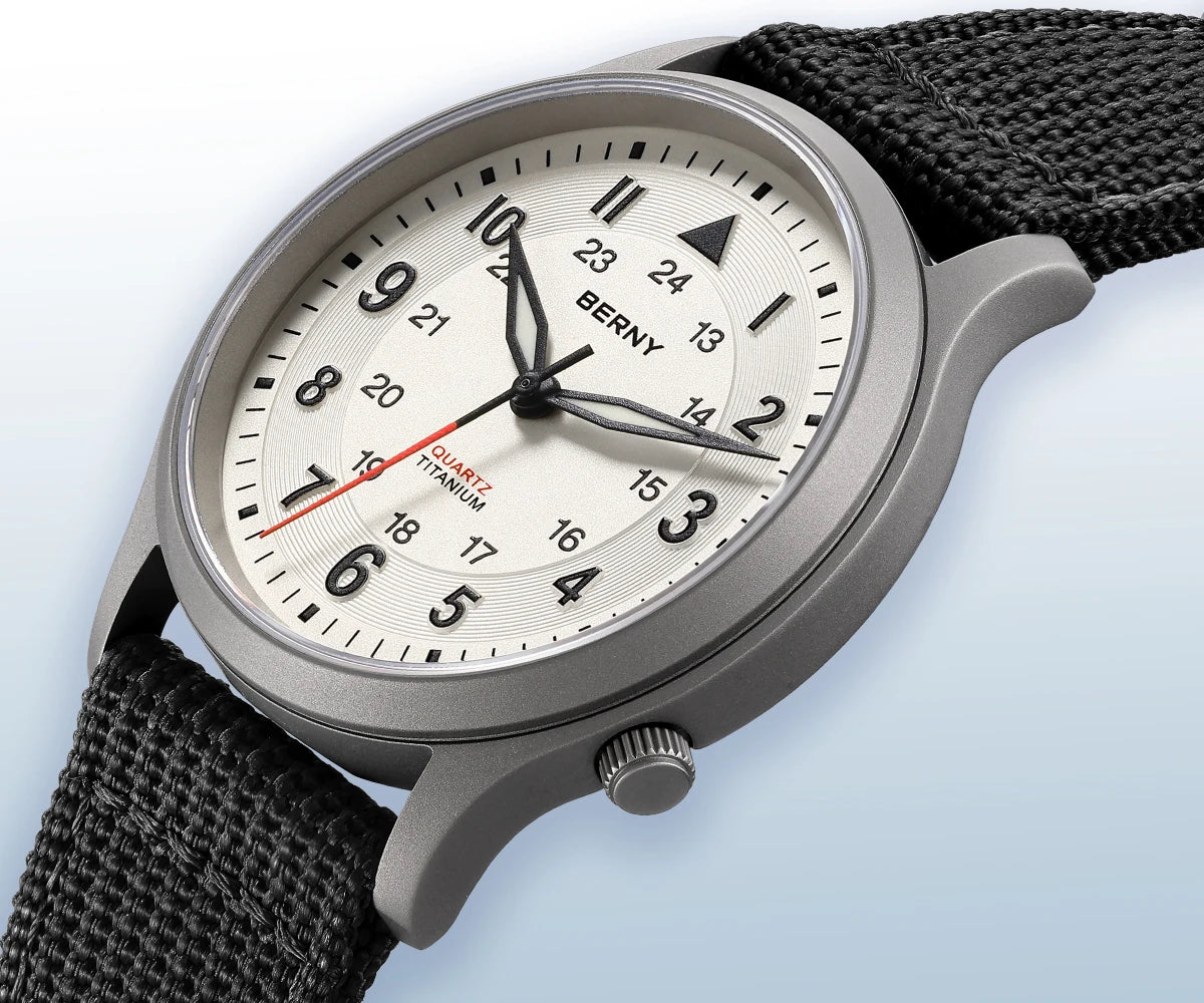 BERNY Titanium Watches for Men Classic Mens Field Pilot Watch Easy Read Outdoor Quartz Wristwatch Super Luminous Sapphire 5ATM