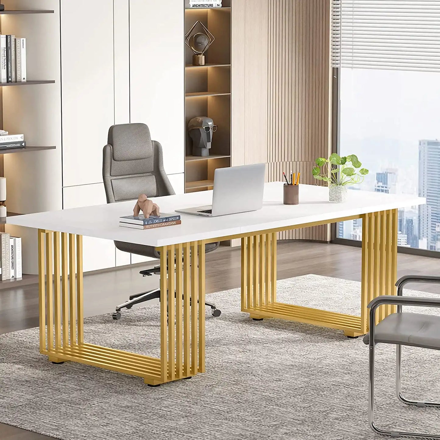 70.9" Executive Office Desk, Modern Conference Desk with Metal Frame, White Gold