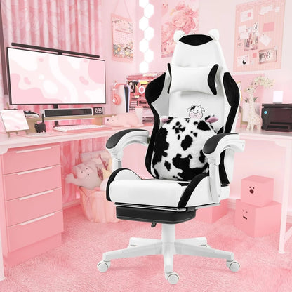 Cute Gaming Chair with Lumbar Cushion and Decorated Ears, Ergonomic Computer Chair with Footrest, Reclining PC Game Chair