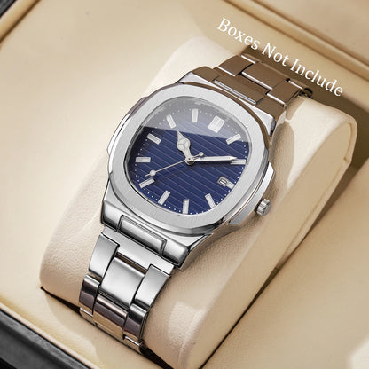 Men Fashion Wristwatches Business Square Dial Stainless Steel Strap Quartz Watch with Calendar For Mens Clock（Without Box）