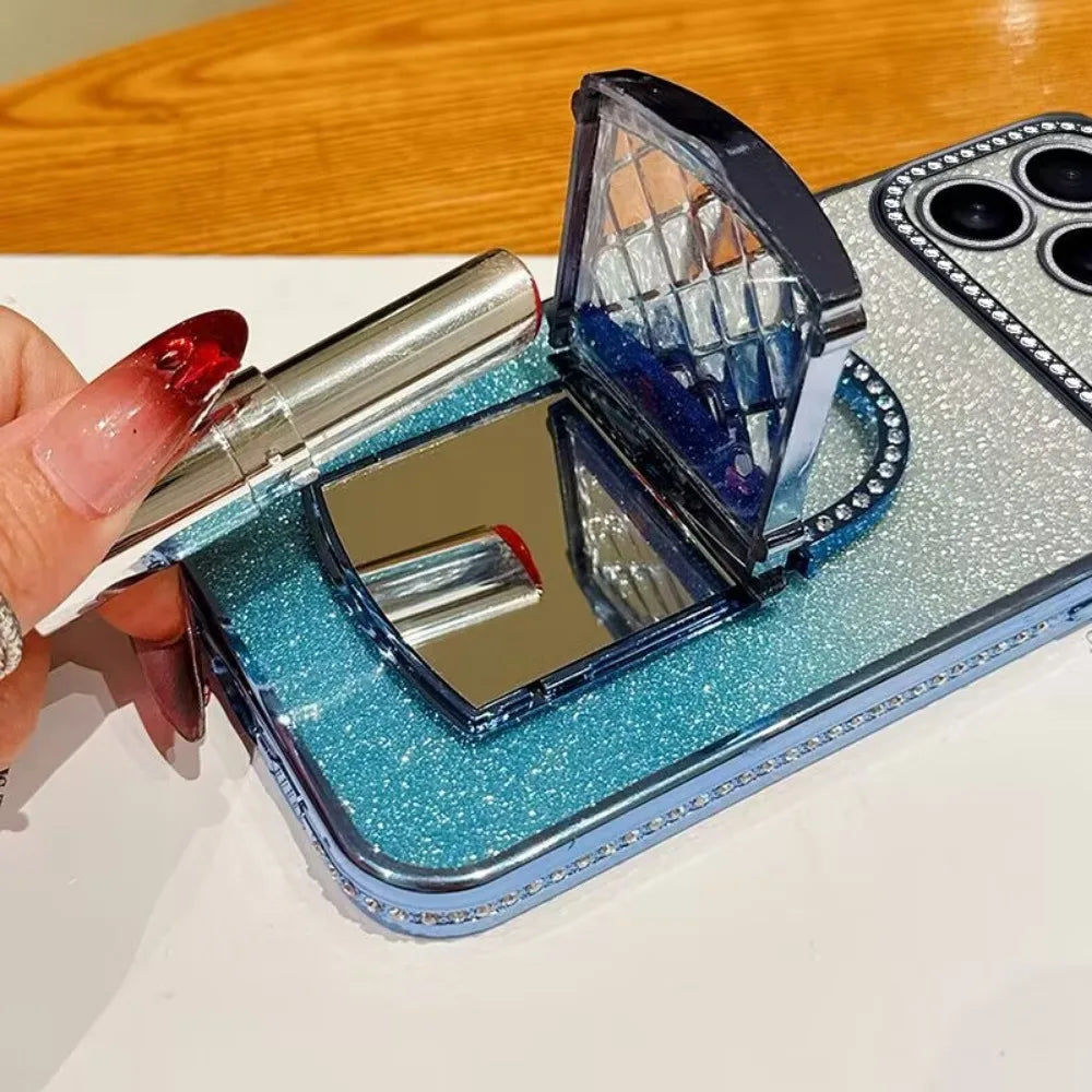 For iPhone17/15/14/13/12promax Rhinestone Phone Case Makeup Mirror Holder Quicksand Glitter Case RELUX.STORE