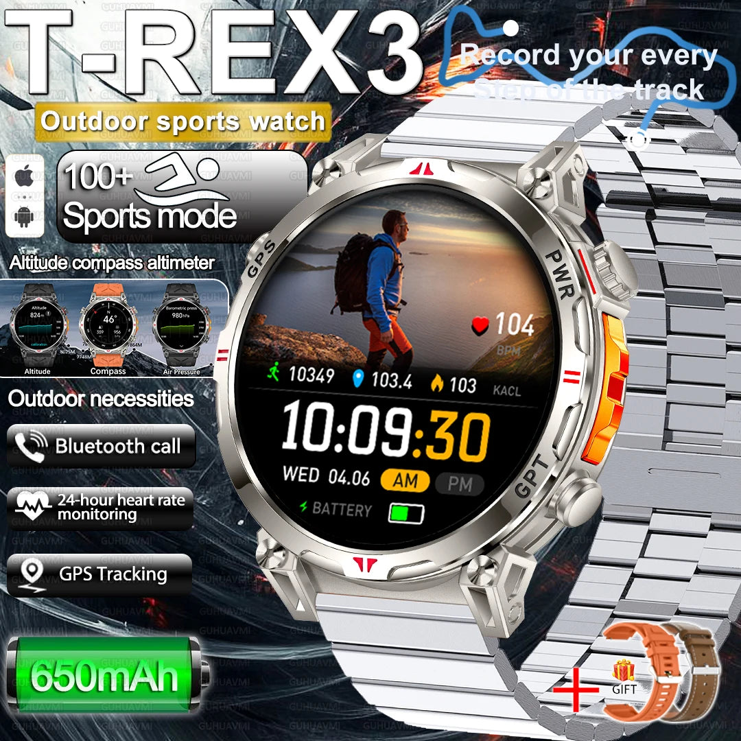 2025 New Military AMOLED HD SmartWatch 650Mah Battery GPS Compass 5ATM Waterproof Tactics 100+ Sport BT call Smart Watch For Men