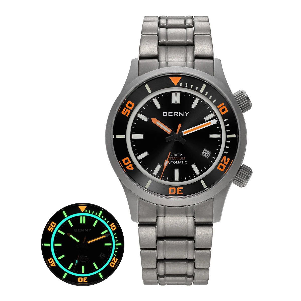BERNY Automatic Titanium Diver Watch for Men Supper Luminous Sappire AR coated Miyota 8215 20ATM Mechanical Diving Men's Watches